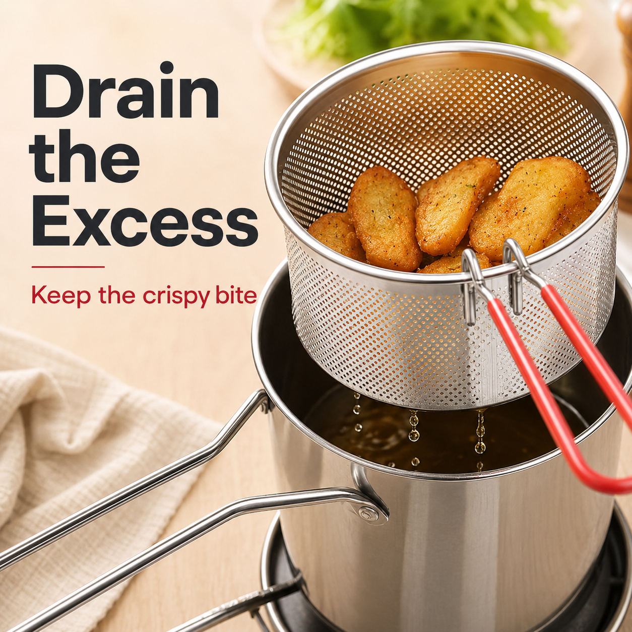 💕🍟 Personal Mini Deep Fryer Set – Stainless Steel Pot with Lift-Out Draining Basket & Food Tongs