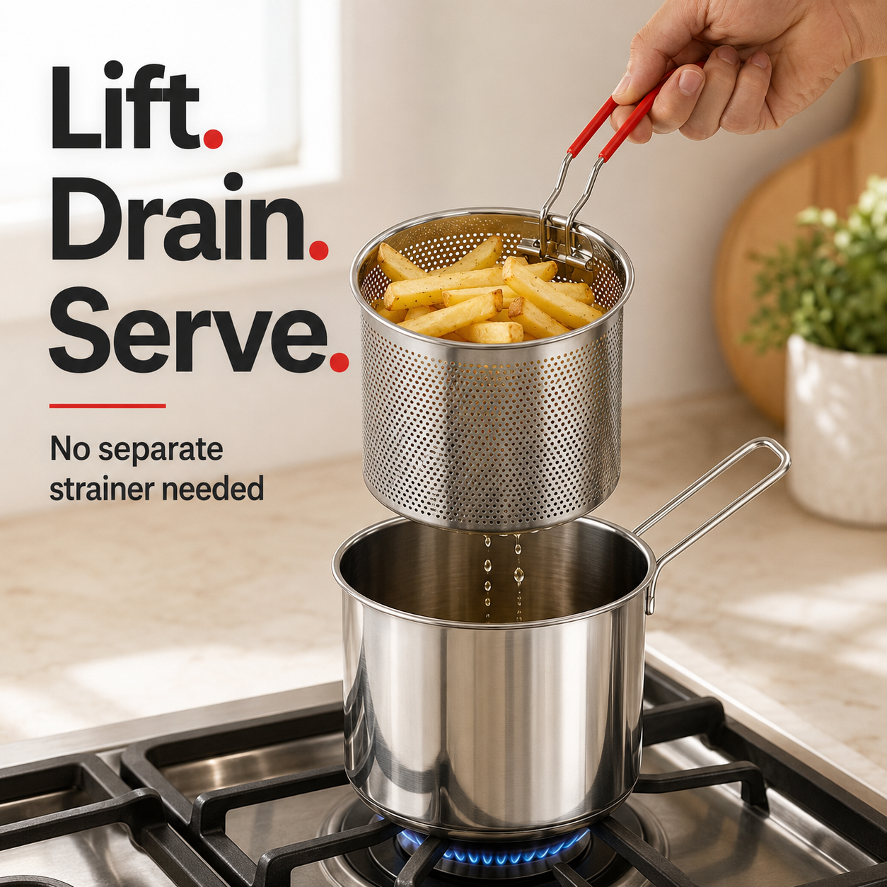 💕🍟 Personal Mini Deep Fryer Set – Stainless Steel Pot with Lift-Out Draining Basket & Food Tongs