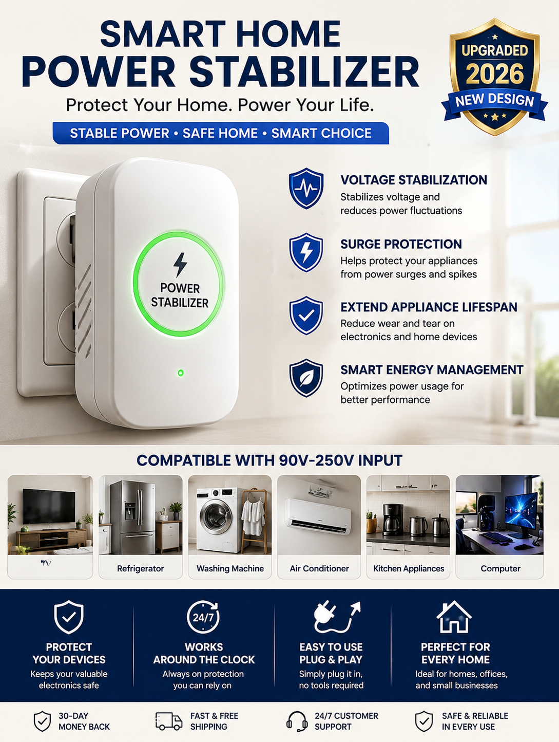 🔥Smart Home Power Stabilizer Protect Your Electronics from Power Surges, Voltage Fluctuations & Unstable Current