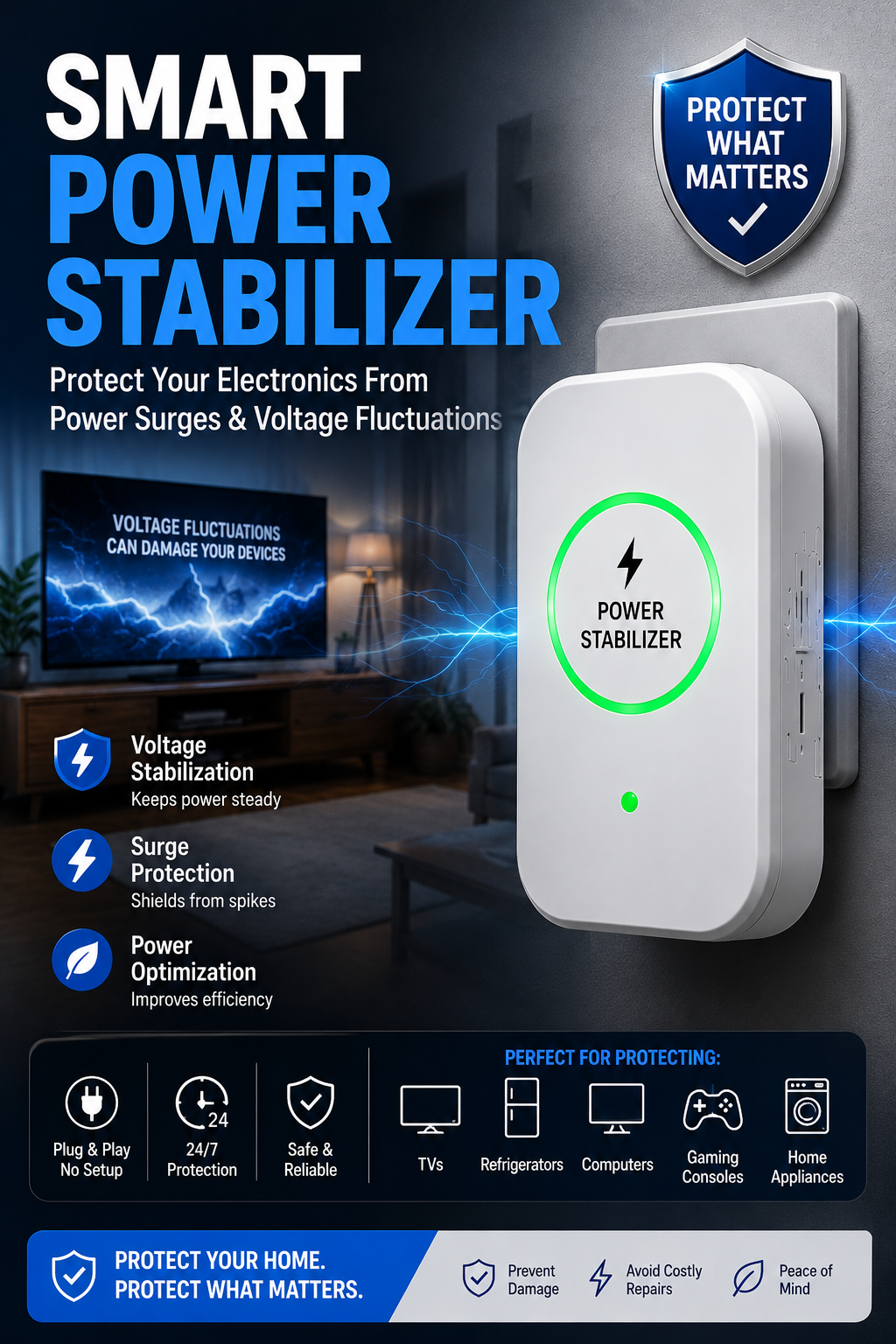 🔥Smart Home Power Stabilizer Protect Your Electronics from Power Surges, Voltage Fluctuations & Unstable Current